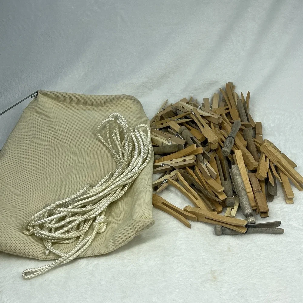 Vintage Style Stay Open Clothespin Bag w Hanger Rope + Wooden Clothespins Lot